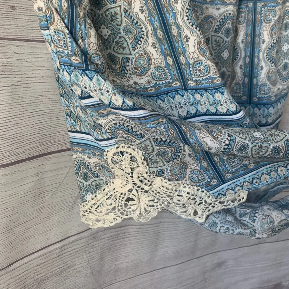 Alya Blue and Cream Paisley Medallion Romper with Crochet Lace Trim Size M